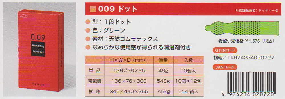相模 009 顆粒 避孕套 10個裝【避孕用品・潤滑劑】 品牌名稱：相模橡膠工業株式會社  Sagami 009 Dot Condoms, 10 pieces [Contraceptive Device & Lubricant] Brand Name: Sagami Rubber Industries Co., Ltd.