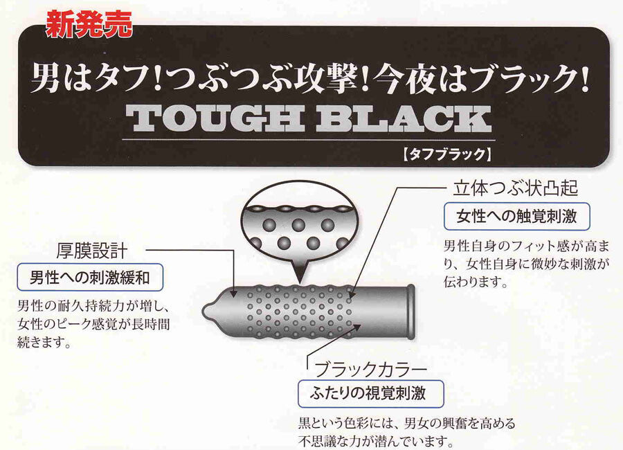 TOUGH BLACK 厚膜黑色凸點避孕套 12個裝【避孕用品・潤滑劑】 品牌名稱：Japan Medical株式會社  TOUGH BLACK Thick Film Black Textured Condoms, 12 pieces [Contraceptive Device & Lubricant] Brand Name: Japan Medical Co., Ltd.